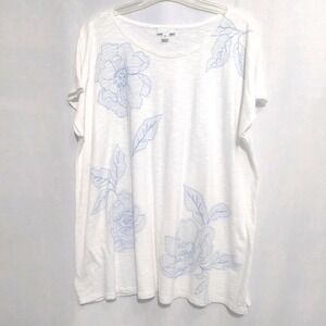 J Jill Womens Size XL Lightweight Breathable Tee White Blue Floral Cap Sleeves